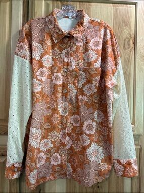 Grace + Emma Floral Retro Boho Ribbed Eyelet Button-Up Shirt in Rust Cream Sz XL